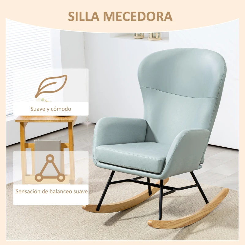 HOMCOM Mecedora Tapizada en Tejido Técnico con Patas de Madera de Haya Respaldo con Diseño Curvo y Reposabrazos Verde Claro
