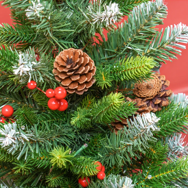 HOMCOM Sapin de Noël 60 cm arbre de Noël de table avec lumière LED, 141 pointes, pommes de pin et baies rouges, base en béton