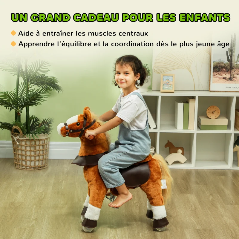 AIYAPLAY Cheval à monter pour enfant cheval à roulettes selle surélevée pour enfants 3-5 ans charge 60 kg 70 x 28 x 70 cm marron