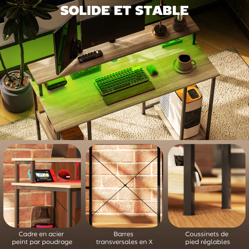 HOMCOM Bureau d'ordinateur 120 cm bureau avec rangement avec lumières LED, étagères de rangement, support d'écran, naturel
