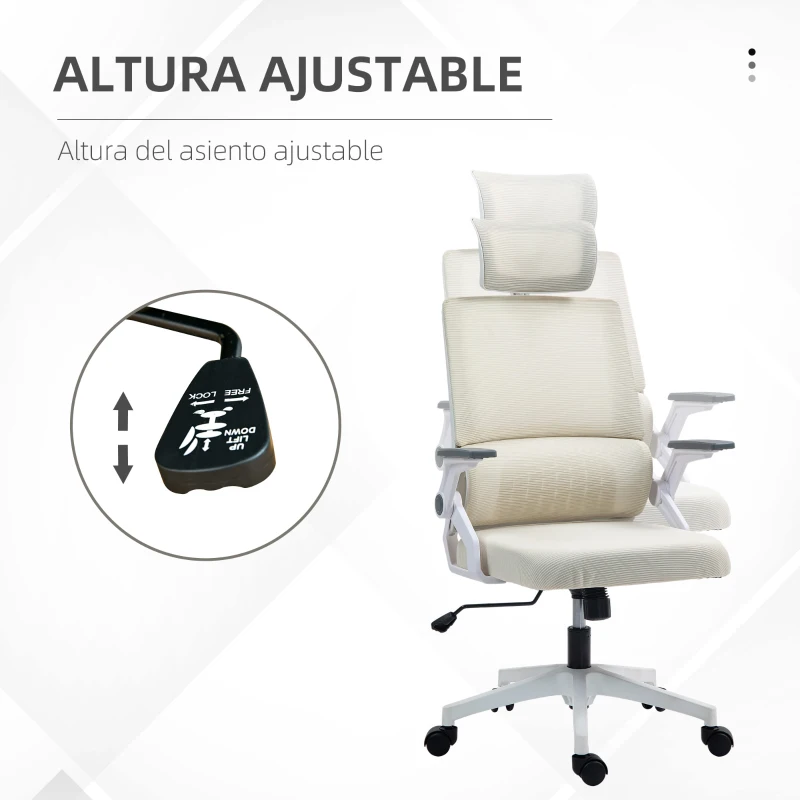Vinsetto Silla de Oficina de Malla Silla de Escritorio con Altura Ajustable Reposacabezas Regulable y Reposabrazos Beige