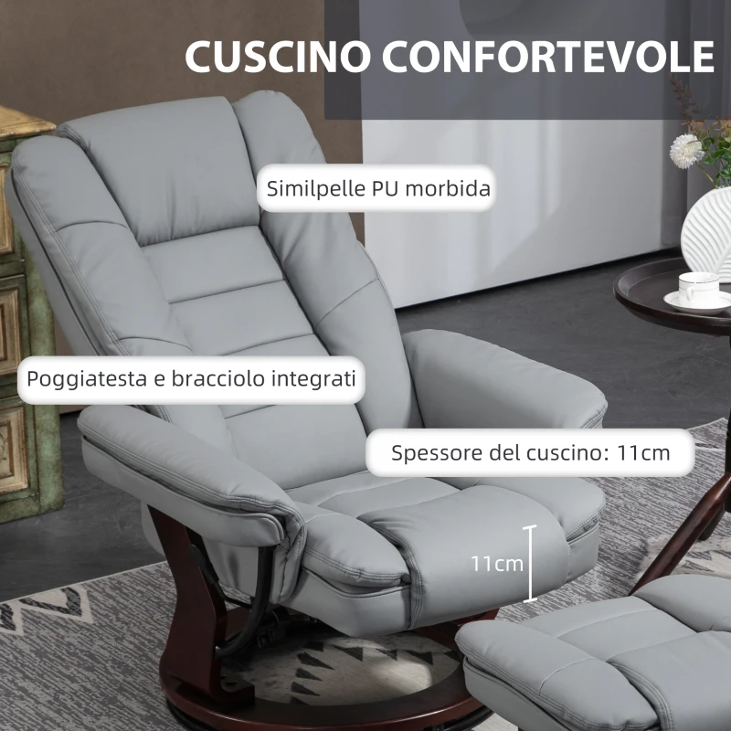 HOMCOM Poltrona con Poggiapiedi Reclinabile con Poggiatesta e Braccioli, in Pelle PU e Acciaio, 85x82x106 cm, Grigio
