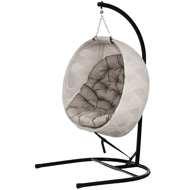 Outsunny Cadeira Suspensa com Suporte Cesto Dobrável de Malha Dupla com Almofada e Apoio para Copos 106x114x178 cm Areia e Preto