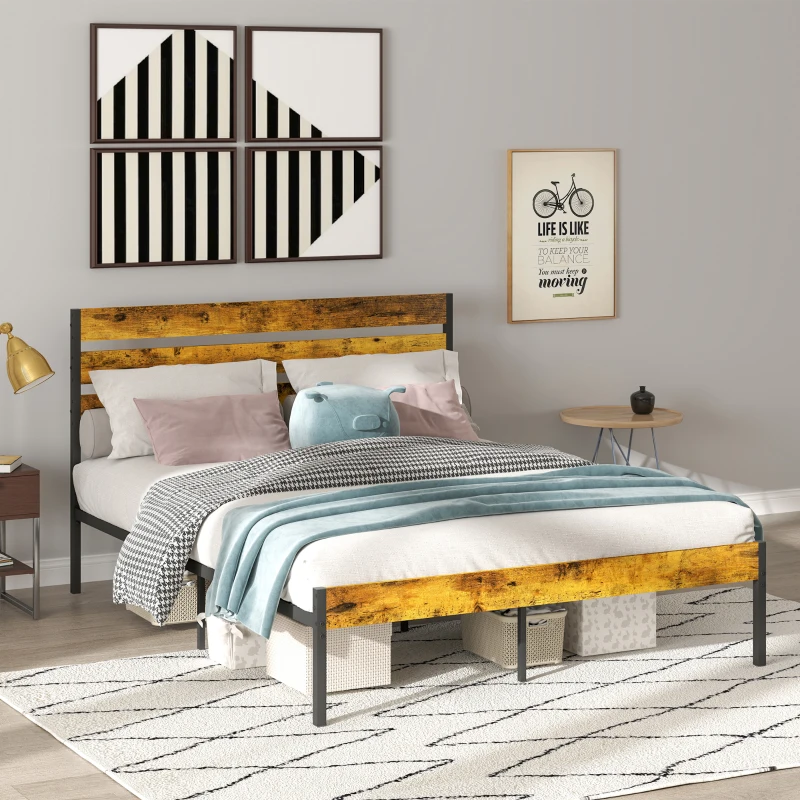 HOMCOM Doppelbettgestell aus Stahl mit Lattenrost und Kopfteil für Matratze 160 x 200 cm, Industriestil