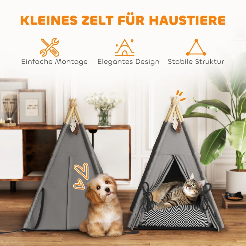 PawHut Tipi-Zelt für Haustiere, Tierbett im Tipi-Design, Katzenzelt mit Kissen, Hundebett zum Schlafen, Katzenbett, Grau