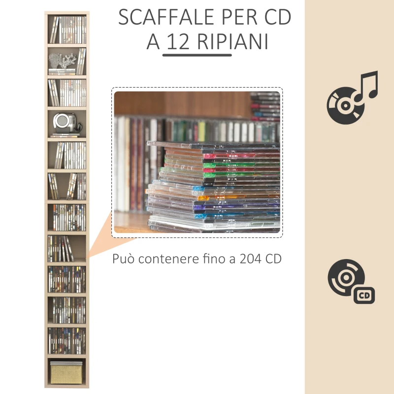 HOMCOM Mobile Libreria Porta CD a 12 Ripiani per 204 CD, in MDF e Truciolato, 21x20x175 cm, color Legno