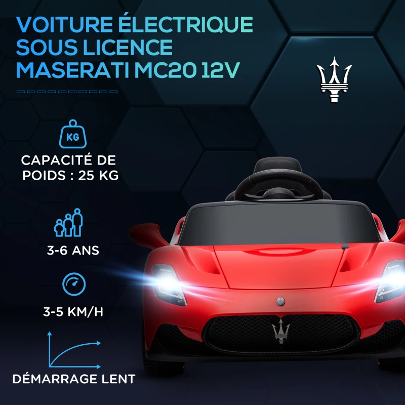 AIYAPLAY Voiture électrique pour enfants sous licence Maserati MC20 12V, Télécommande, LED, Musique et Klaxon, 3 à 6 Ans, rouge
