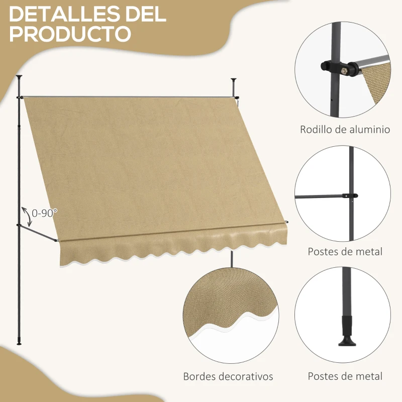 Outsunny Toldo Manual Retráctil con Manivela 300x120x210-300 cm con Altura Ajustable Impermeable y Anti-UV Beige