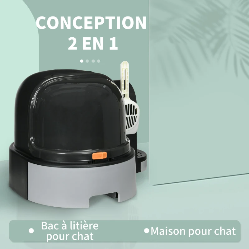 PawHut Maison de toilette, bac à litière fermé pour chat compartiment inférieur amovible pour un nettoyage facile pelle inclus