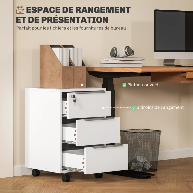 HOMCOM Caisson de bureau à roulettes avec 3 tiroirs et serrure pour dossiers 40 x 40 x 63,5 cm blanc