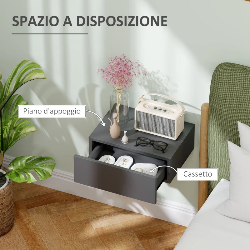 HOMCOM Comodino Sospeso Moderno con Cassetto, in Legno, 40x30x15 cm, Nero