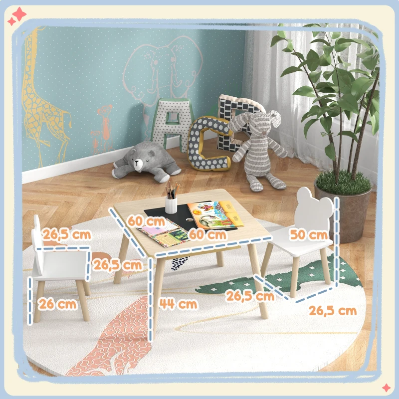 AIYAPLAY Ensemble 1 table et 2 chaise 3 pièces pour enfants avec plateau réversible espace de rangement bois naturel