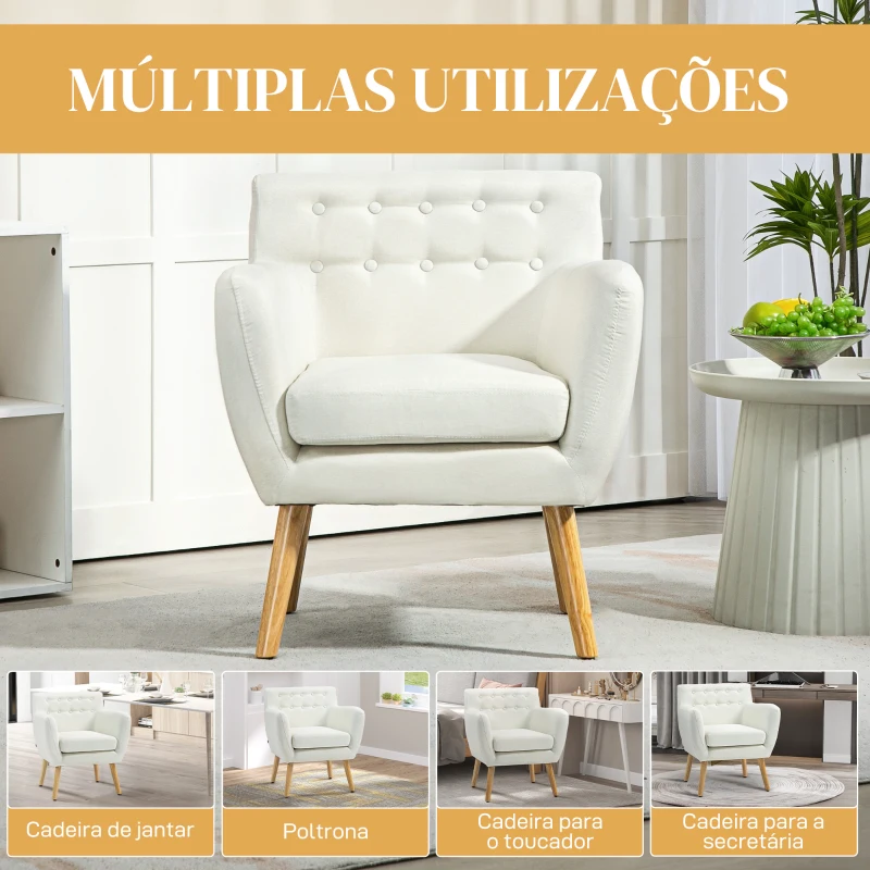 HOMCOM Poltrona de Sala de Estar Poltrona para Dormitório com Apoio para os Braços e Pés de Madeira 68x58,5x76 cm Creme