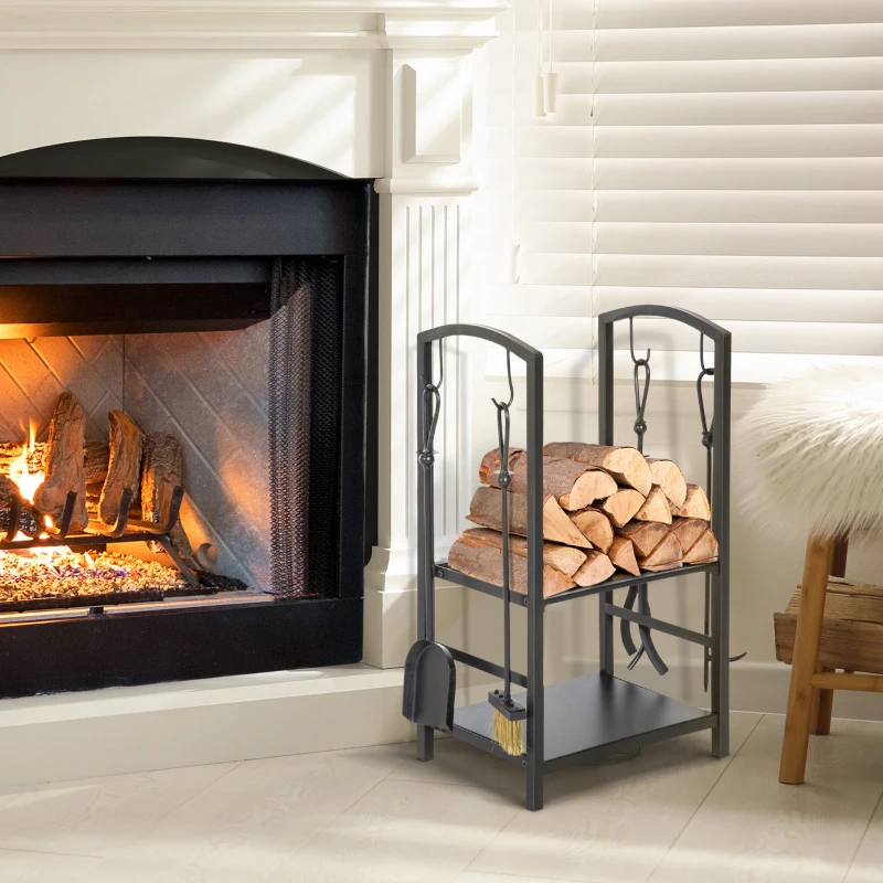 Outsunny Portalegna da Interno ed Esterno in Metallo a 2 Ripiani, Porta Legna per Interni, Paletta, Scopa, Attizzatoio e Pinza, 40x30x74.5 cm, Nero