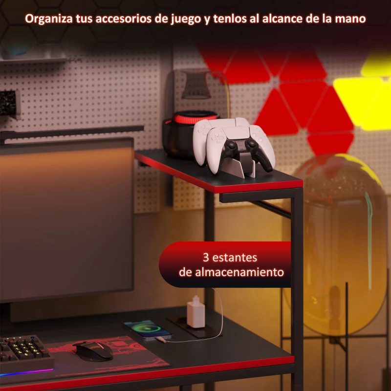 HOMCOM Escritorio Gaming de Fibra de Carbono con Luces LED 110x50 cm Tomas de Corriente Estantes y Control Remoto Negro