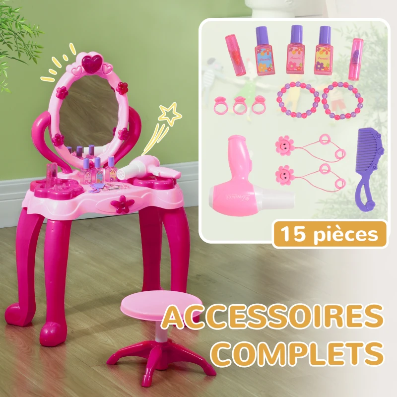 AIYAPLAY Coiffeuse pour enfants de 3 à 6 ans avec tabouret miroir 15 PCS, table de maquillage avec lumière musique sèche-cheveux
