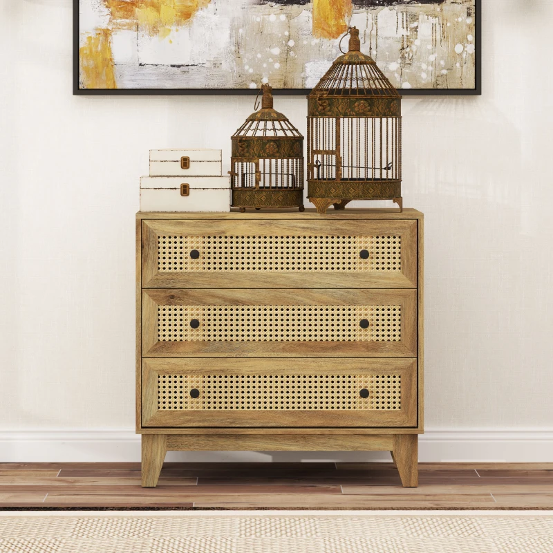 HOMCOM 3-Drawer Chest Storage Unit Rattan Cane Light Wood Appearance 80 x 35 x 76 cm