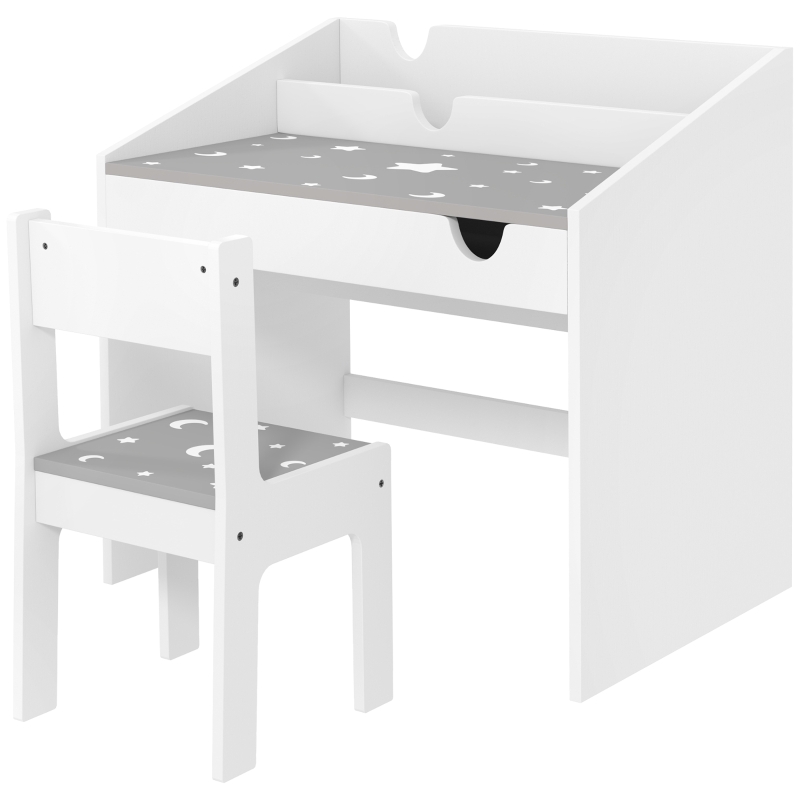 AIYAPLAY Ensemble Bureau et chaise pour enfants, avec rangement, tiroir coulissant, pour les 3-6 ans, motif étoilé - Gris