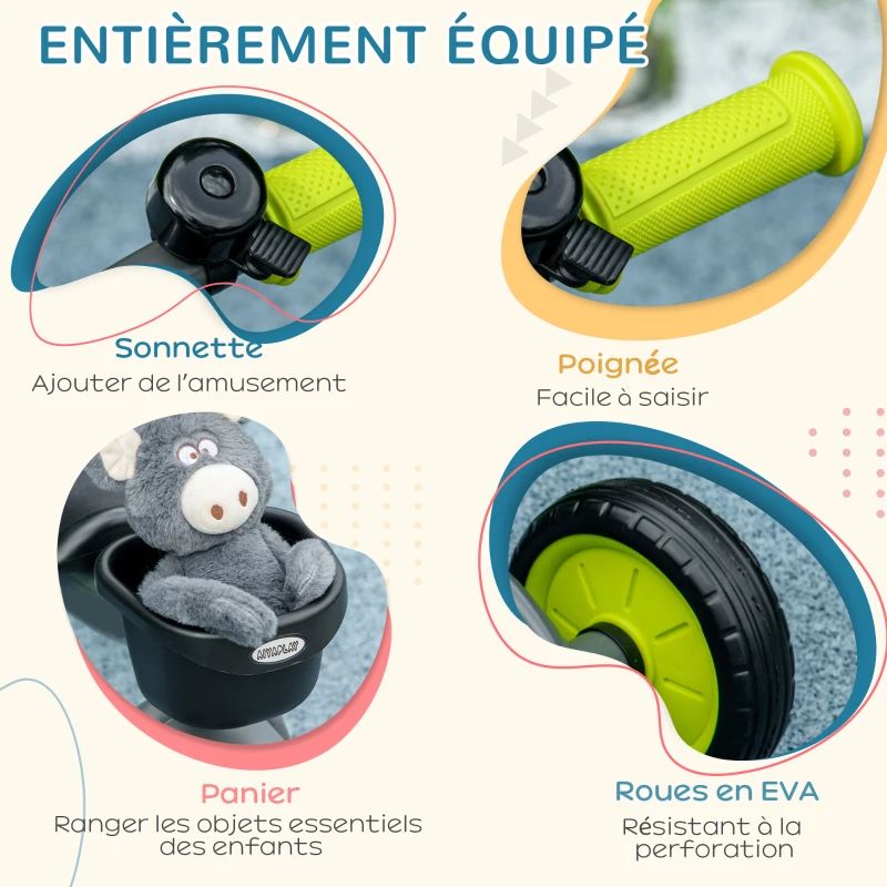 AIYAPLAY Tricycle enfants avec sonnette et panier selle réglable avec dossier - pour enfant de 2 à 5 ans noir