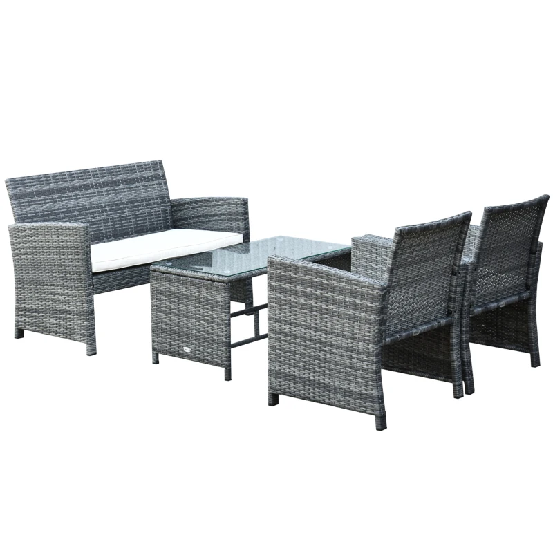 Outsunny Conjunto de Muebles de Ratán para Jardín Set de Sofá Doble 2 Sillones y 1 Mesa de Centro para Terraza Gris