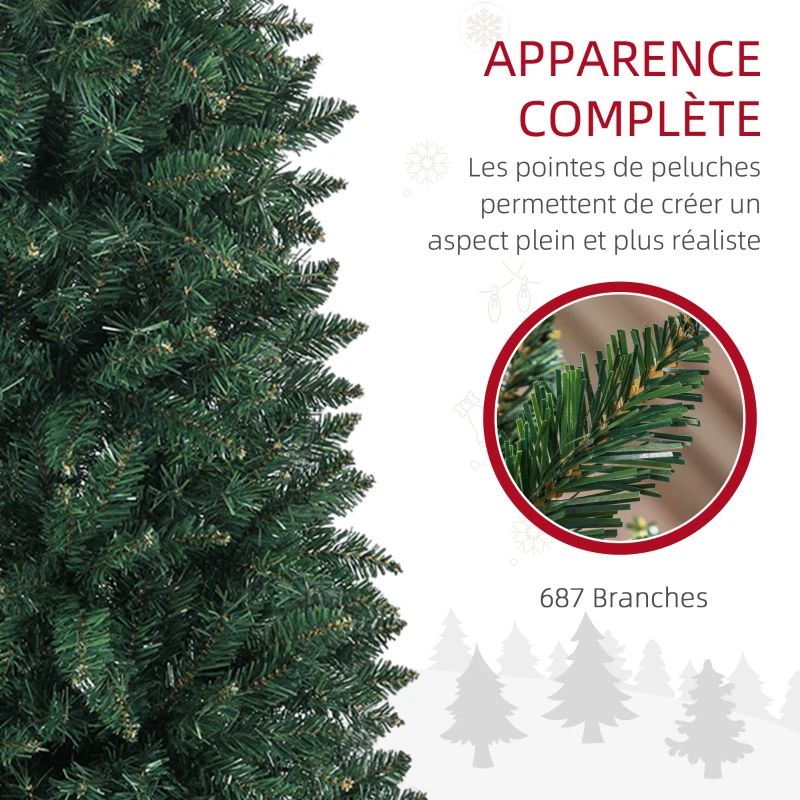 HOMCOM Sapin de Noël Artificiel 210 cm Arbre de Noël Slim avec support en acier pliable, 687 branches épines Vert