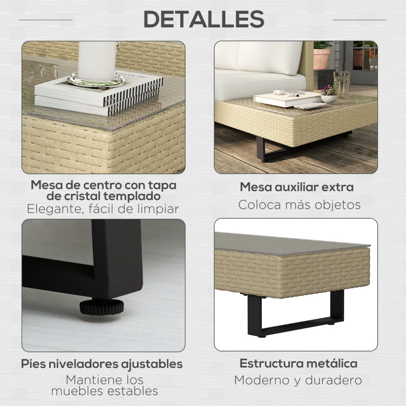 Outsunny Conjunto de Muebles Ratán de 3 Piezas Mesa de Centro Sofá Doble y Sofá de 3 Plazas con Cojines Extraíbles Beige