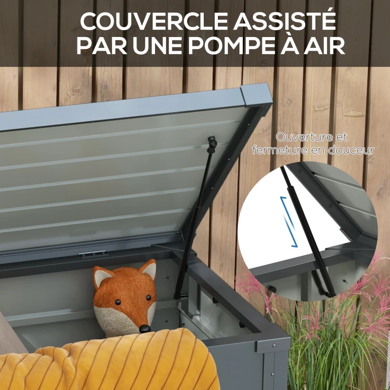 Outsunny Coffre de rangement extérieur 311L, avec vérin à gaz, roulettes et poignée, en acier galvanisé, 120x62x66 cm, gris