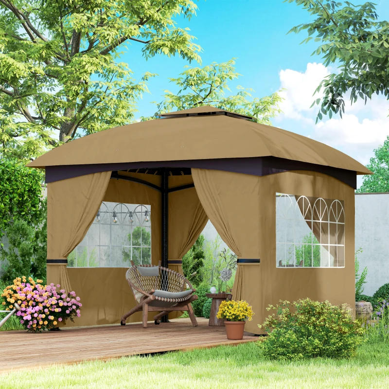 Outsunny Pavillon de jardin 3,4 x 3,4 m, chapiteau avec toit ventilé, fenêtres arquées, structure en acier, Beige