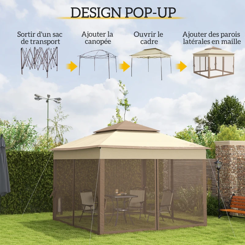 Outsunny Tonnelle de jardin exterieur Pop-up barum Pliant, 3 x 3 m, Métal Polyester, imperméabilisé Anti UV, moustiquaires + Sac de Transport, café
