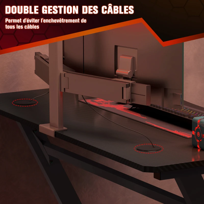 HOMCOM Bureau gaming avec support casque porte-gobelet passe-câbles inclus, pieds réglables, cadre en acier et bois, noir