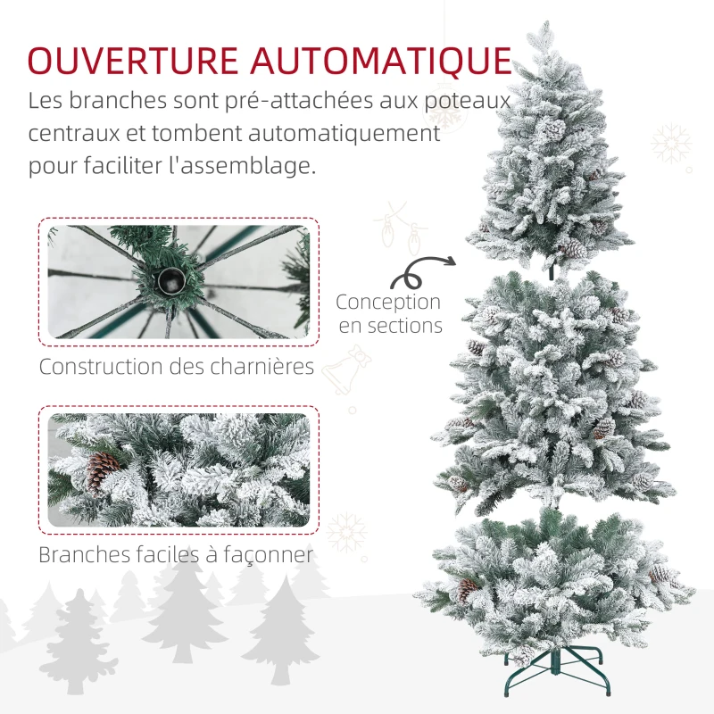 HOMCOM Sapin de Noël artificiel 180 cm Arbre de Noël avec support en métal 1489 branches enneigées, pommes de pin, vert