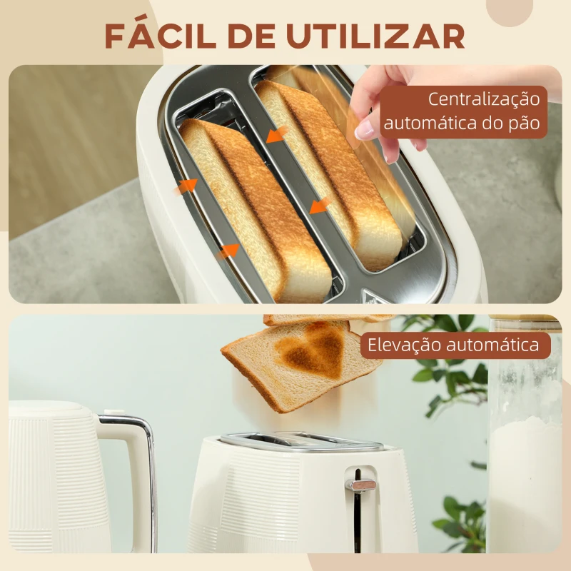 HOMCOM Conjunto de Torradeira e Jarro de Água Elétrico de Aço Inoxidável 2200W 1,7L Torradeira de Pão 2 Fatias 3 Funções Creme