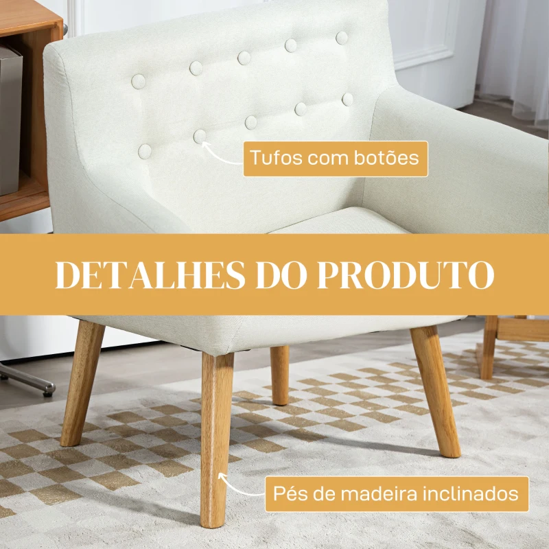 HOMCOM Poltrona de Sala de Estar Poltrona para Dormitório com Apoio para os Braços e Pés de Madeira 68x58,5x76 cm Creme