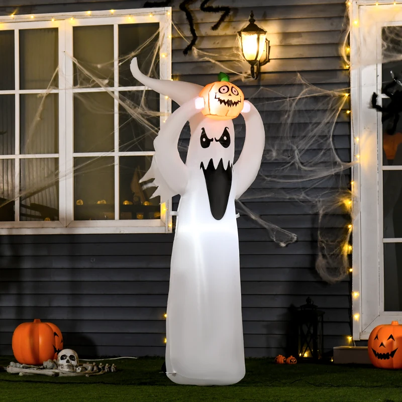 HOMCOM Halloween aufblasbares Gespenst 1,8 m Dekoration mit LEDs Weiß + Orange Polyester 80 x 40 x 180 cm