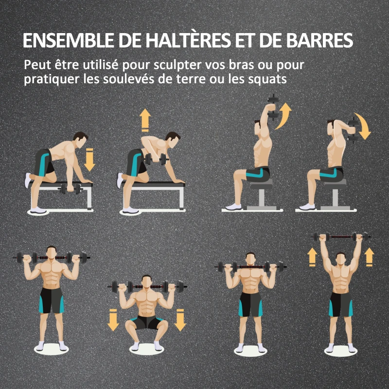 HOMCOM Ensemble d'haltères Courtes Total 15 Kg 2 en 1 poids réglable Barres incluses - entraînement Musculaire & haltérophilie