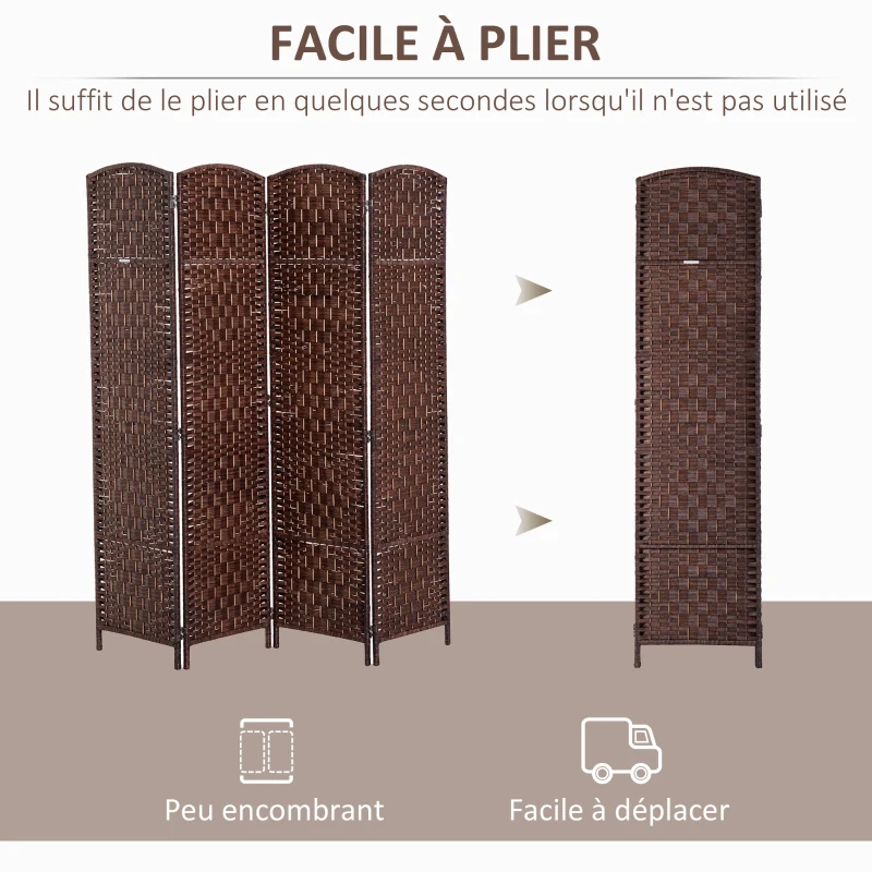 HOMCOM Paravent en bois séparateur de pièce closion de séparation pliable 4 panneaux 180 x 190 cm marron