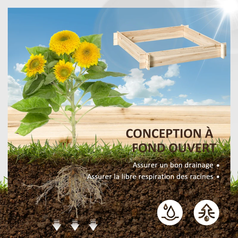 Outsunny Jardinière en bois carré potager de jardin sans fond facile à assembler 100 x 100 x 16 cm en bois massif bois naturel