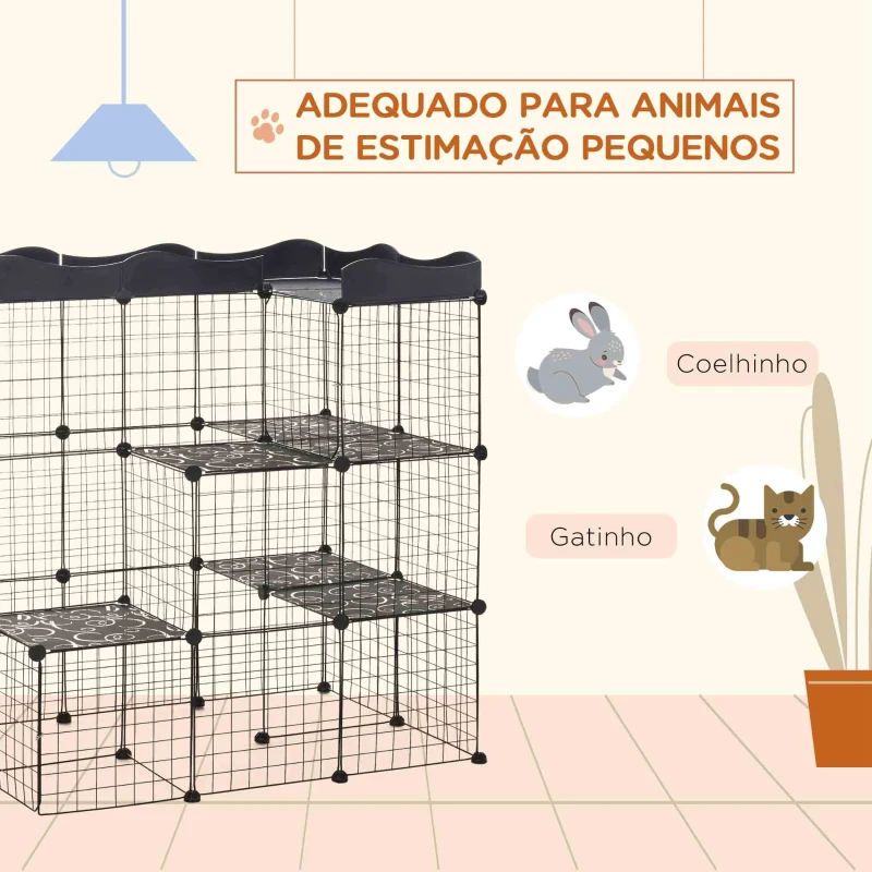 PawHut Recinto para Pequenos Animais com Forma Personalizável para Coelhos Porquinho da India 105x70x116 cm Preto