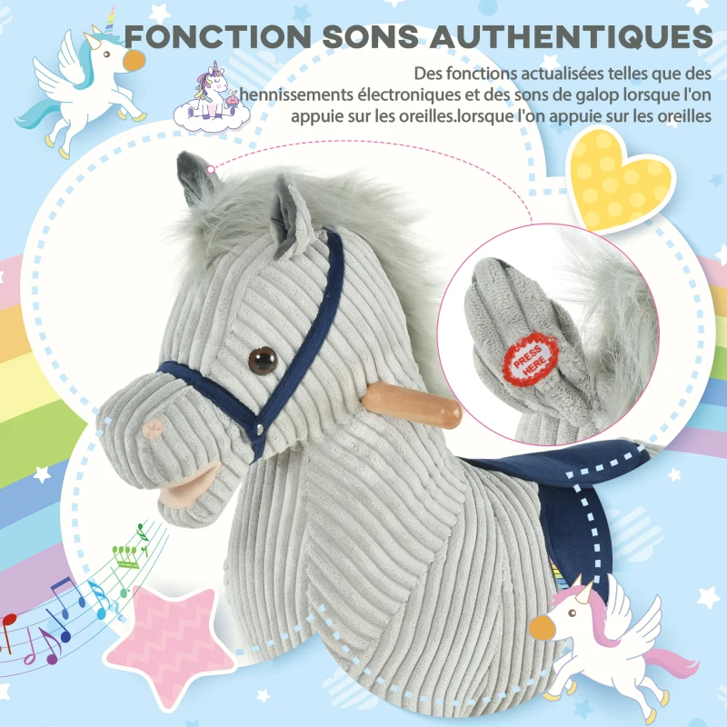 HOMCOM Cheval à bascule pour enfant, jouet à bascule en peluche, à effets sonores, avec poignées, pédale, gris et blanc