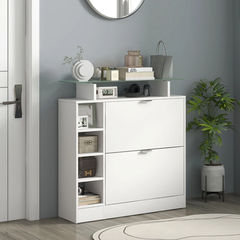 HOMCOM Schuhschrank mit 2 kippbaren Schubladen für 12 Paare, Glasplatte und verstellbare Regale, 89 x 25 x 92 cm, weiß