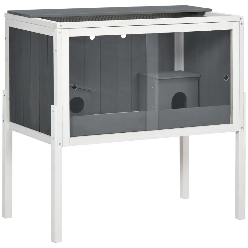PawHut Cage pour hamster, 3000 cm² cage pour hamster nain en bois et métal, avec 2 cabanes, portes en acrylique, stable, sûr, Gris+Blanc