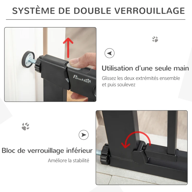 PawHut Barrière de sécurité animaux avec porte fermeture automatique système de double verrouillage, acier noir