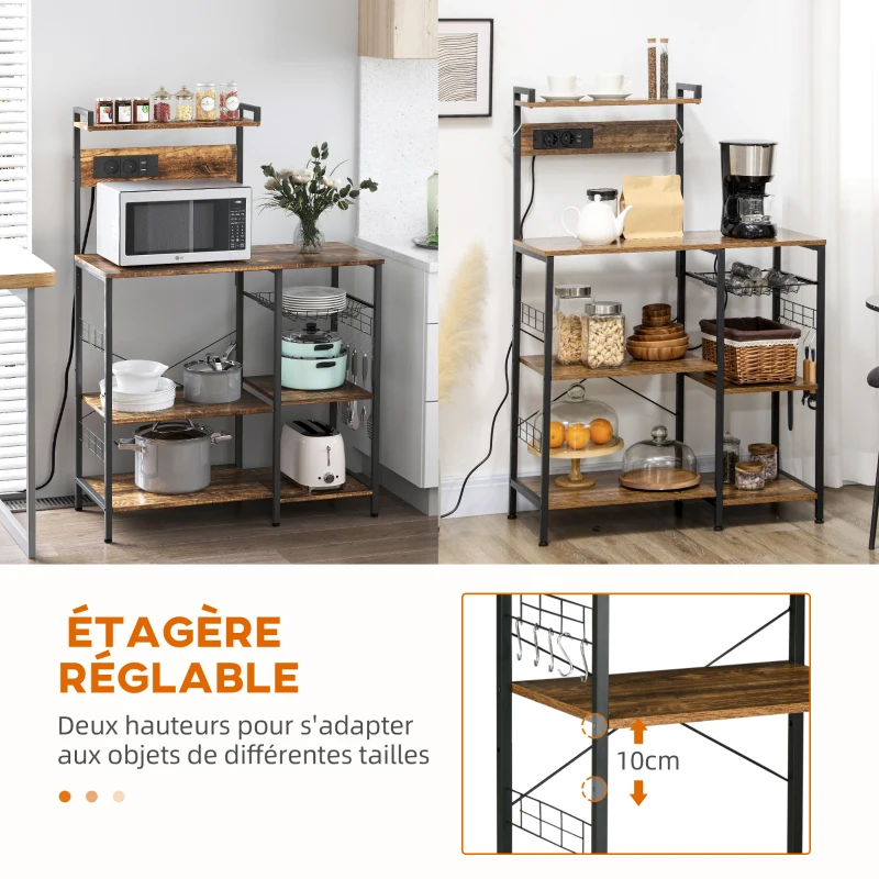 HOMCOM Meuble de cuisine avec prises intégrées pour micro-ondes avec étagères, style industriel, 90x42x130cm, marron