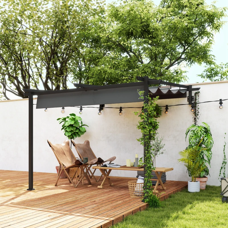 Outsunny Pavillon, 3 x 3 m Pergola, Toit de terrasse coupe-vent, Montage mural, Toit ajustable, pour Jardin, Terrasse, Gris foncé