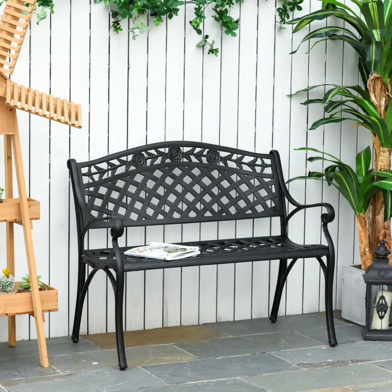 Outsunny Banc de Jardin 2 Places en Aluminium avec Accoudoirs Style Campagnard Noir 102,5 x 61 x 84 cm