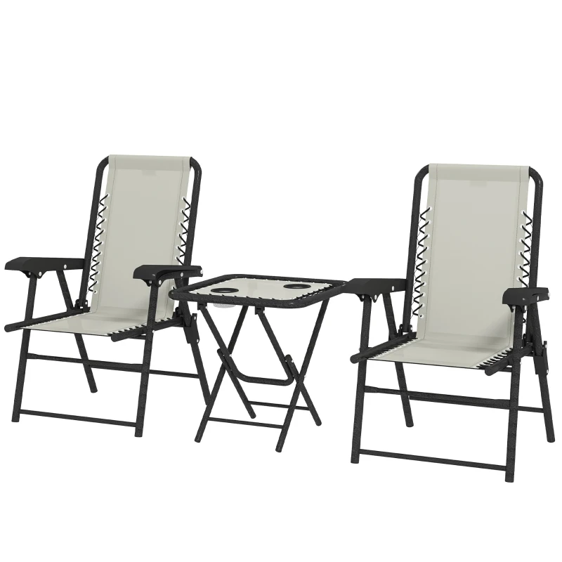 Outsunny Conjunto de Mesa e Cadeiras de Jardim Móveis de Exterior Dobrável com Estrutura de Aço e Suporte para Copos Creme