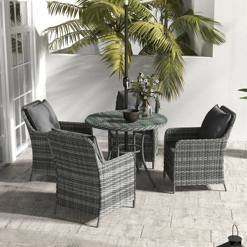 Outsunny 4 Seater Rattan Dining Set with Parasol & Cushions - Mixed Grey