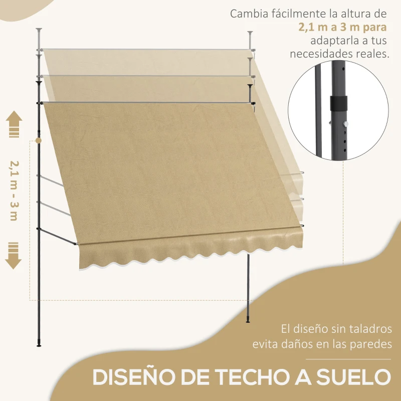 Outsunny Toldo Manual Retráctil con Manivela 300x120x210-300 cm con Altura Ajustable Impermeable y Anti-UV Beige