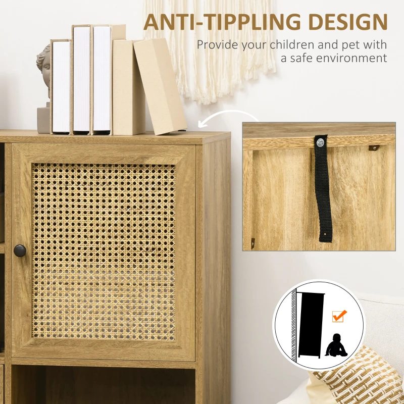 HOMCOM Buffet storage cabinet tall wood and rattan design 2 doors - dim. 90L x 32.5W x 120H cm