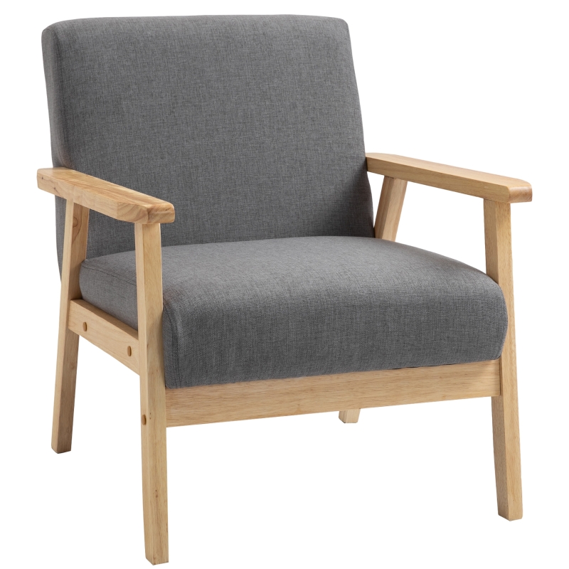 HOMCOM Sessel im Skandi-Design, Akzentsessel, Massivholz, Leinenoptik, 64 cm x 70 cm x 72 cm, Grau + Natur